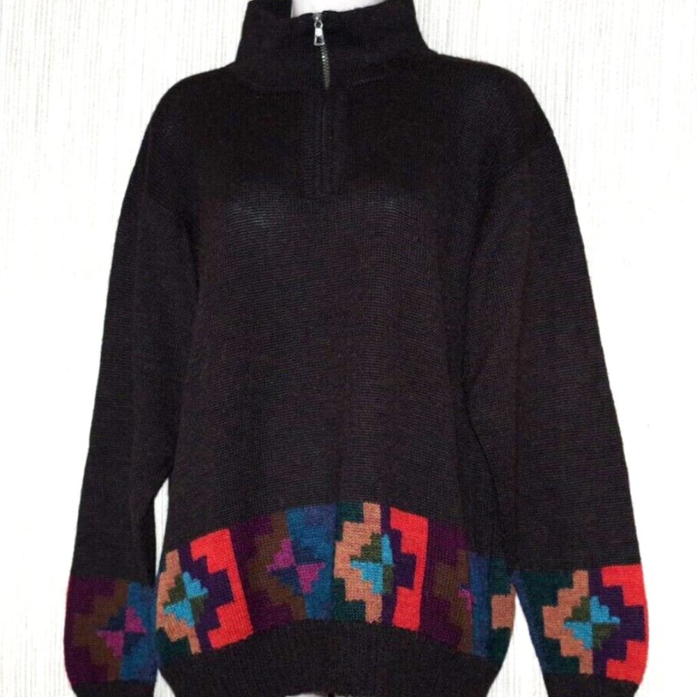 Perez baby alpaca Brown Pzip up sweater rint Hand Knit Pullover  Size:L
